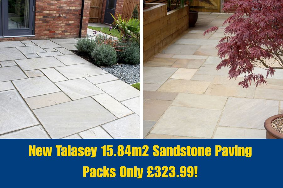 Images of patios featuring Talasey 560 services natural sandstone paving
